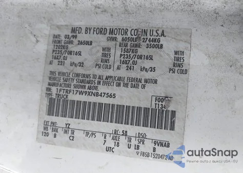 1999 Ford F-150 Lariat/Work Series/Xl/Xlt z USA, uszkodzony, nr VIN 1FTRF17W9XNB47565